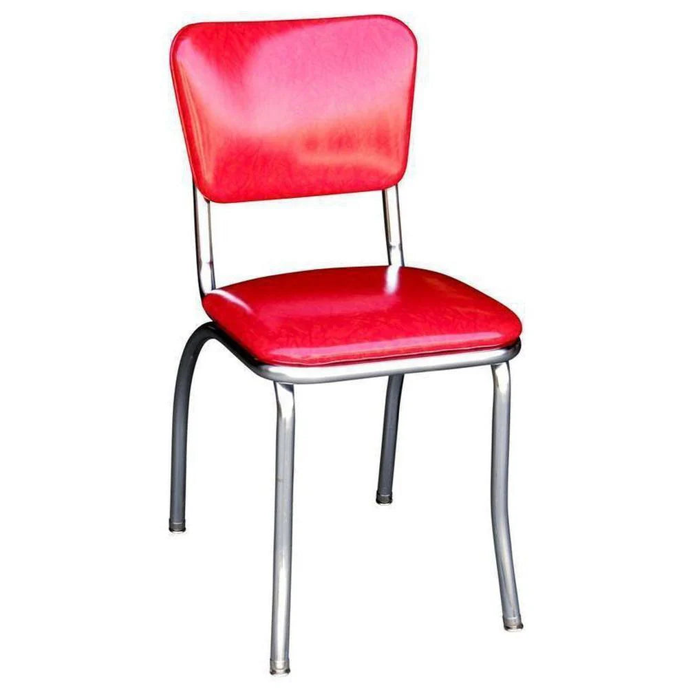 Front view of red  pulled-seat chrome diner chair ideal for retro-themed restaurants and cafés.