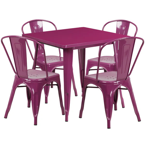 Purple metal restaurant dining set with stack chairs for bars, cafés, and outdoor patios