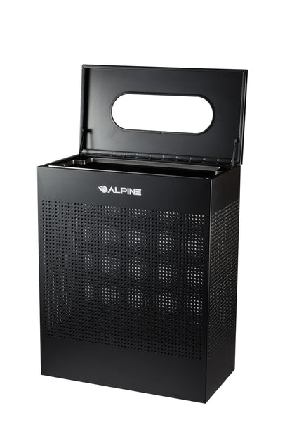 Rectangular perforated waste bin 23-gallon black finish with hinged lid and steel body interior view