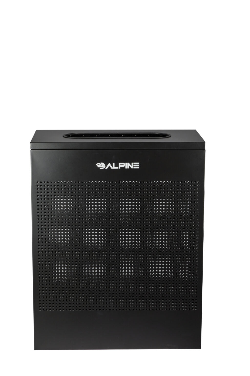 Rectangular perforated waste bin 23-gallon black finish with hinged lid and steel body