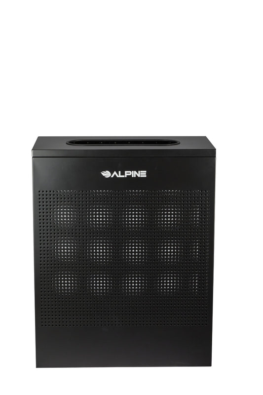 Rectangular perforated waste bin 23-gallon black finish with hinged lid and steel body