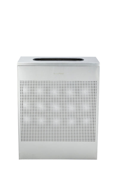 23-gallon rectangular steel trash receptacle with perforated sides and adjustable legs
