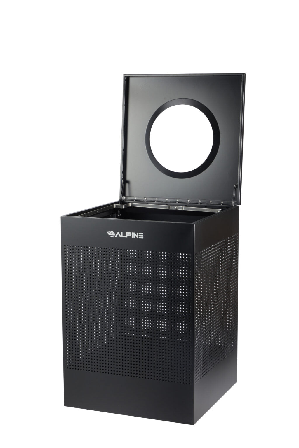 Rectangular perforated waste bin 40-gallon black finish with hinged lid and steel body interior view.