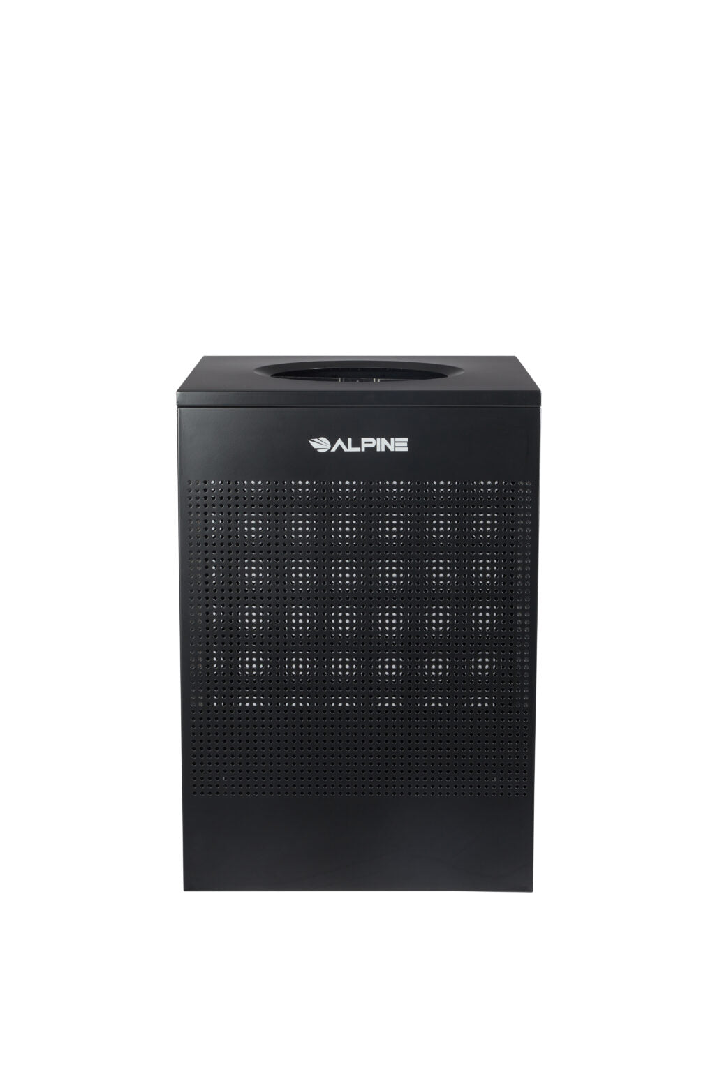 Rectangular perforated waste bin 40-gallon black finish with hinged lid and steel body