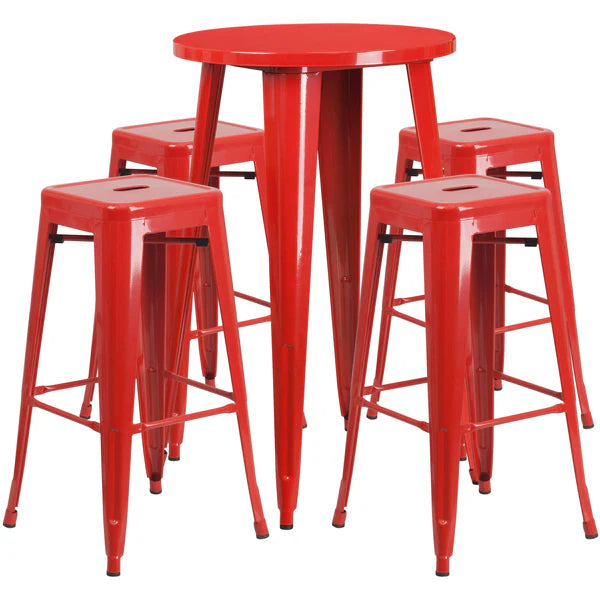 Red metal bar table set with four backless stools for restaurants and cafés