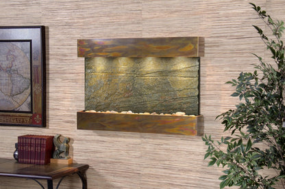 Reflection Creek Wall-Mounted Water Fountain – 38x27 horizontal indoor waterfall with LED lighting, designed for restaurants, hotels, and cafés
