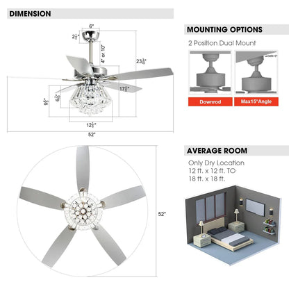 52-Inch Modern Chrome Downrod Mount Reversible Crystal Ceiling Fan with LED Lighting and Remote Control
