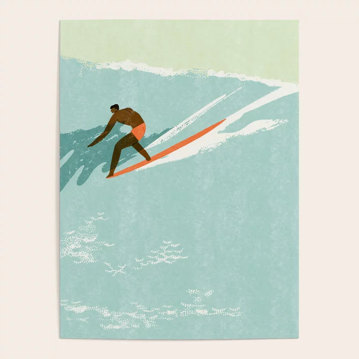 Riding Giants Poster by Tasiania featuring bold surf art design with ocean waves and surfers printed on high-quality gloss paper