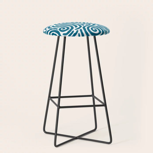 Ripple Effect Pattern Peacock Blue Bar Stool by Tony Magner with black steel legs – abstract ripple design stool ideal for restaurants, boutique hotels, and cafés