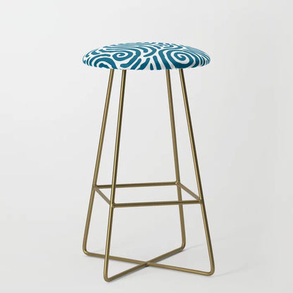 Ripple Effect Pattern Peacock Blue Bar Stool by Tony Magner with gold steel legs – mid-century modern vegan leather seating for hotel bars, restaurants, and cafés
