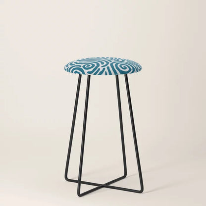 Ripple Effect Pattern Peacock Blue Counter Stool by Tony Magner with black steel legs – artistic seating for hotels, restaurants, and cafés with a mid-century aesthetic
