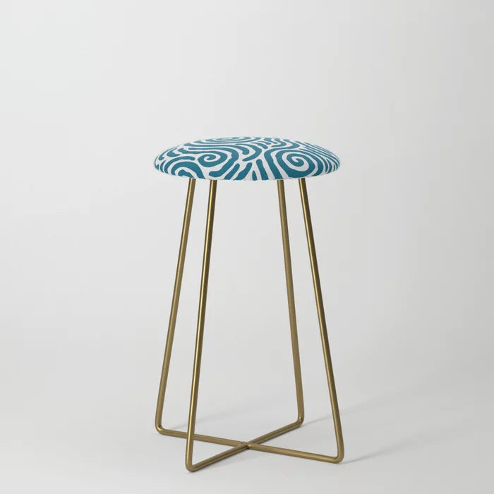 Ripple Effect Pattern Peacock Blue Counter Stool by Tony Magner with gold steel legs – stylish mid-century stool for hotel dining areas, cafés, and restaurant counters