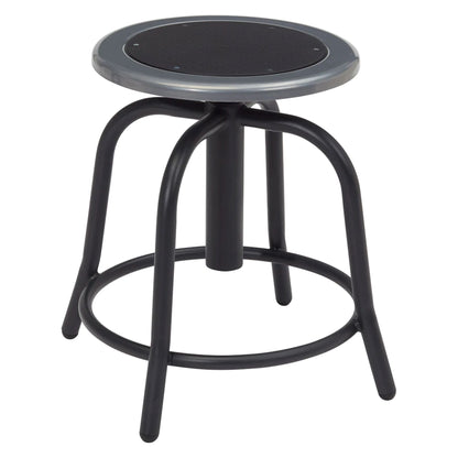 Round adjustable swivel stool with black steel seat, black metal base, and footrest ring for commercial use.