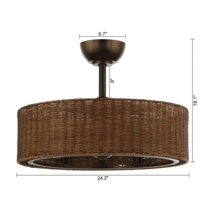 Rustic bronze ceiling fan with six Edison bulbs and handcrafted rattan texture with dimensions