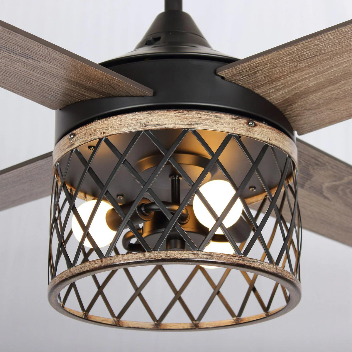 Industrial farmhouse ceiling fan with mesh cage light and remote operation for home or commercial use