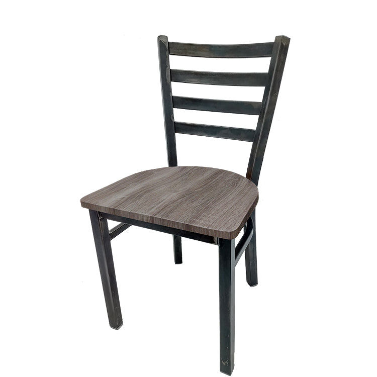 Rustic ladderback metal dining chair with industrial steel frame and barnwood-finish solid wood seat