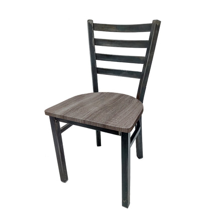 Rustic ladderback metal dining chair with industrial steel frame and barnwood-finish solid wood seat