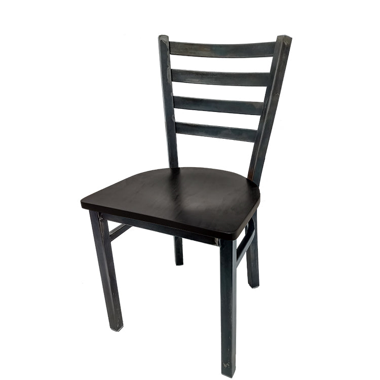 Rustic ladderback metal dining chair with clear coat steel frame and black stain solid wood seat.