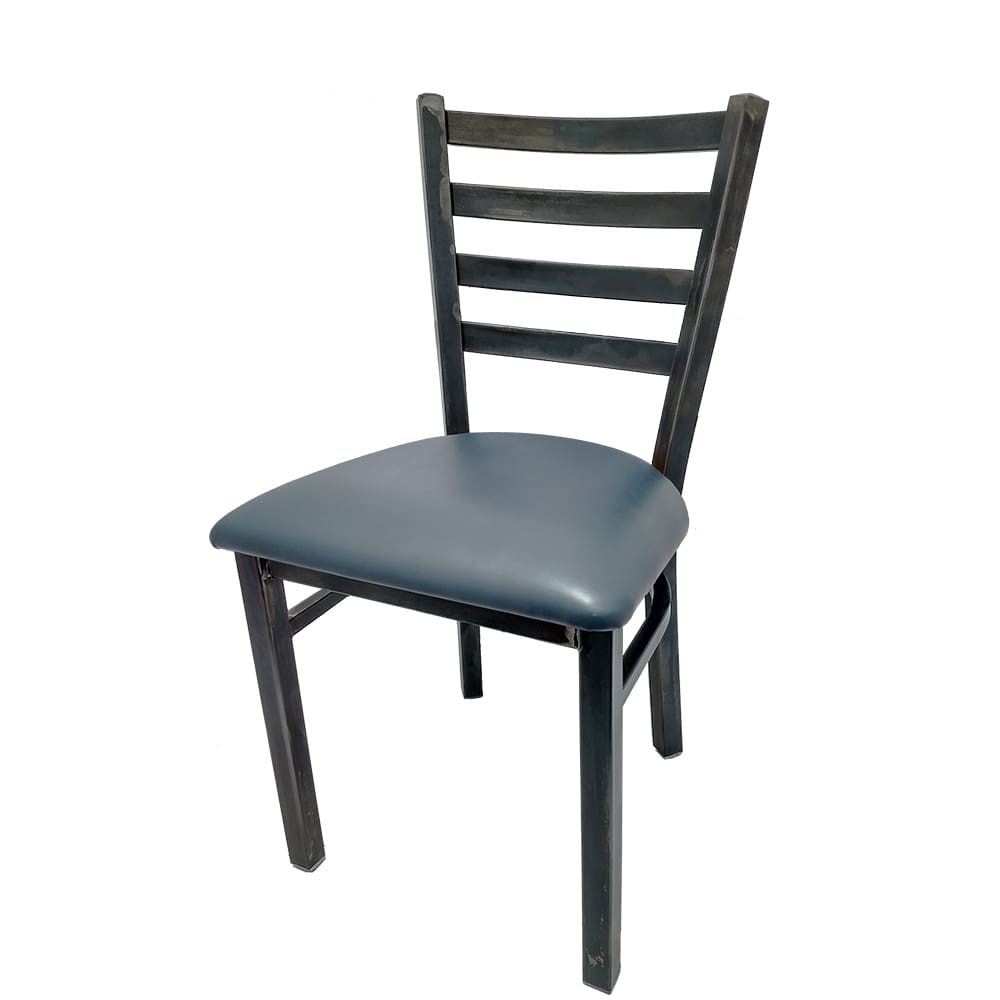 Rustic ladderback metal dining chair with clear coated steel frame and Blue Ridge vinyl seat.