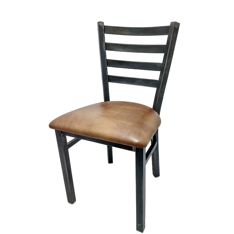 Rustic ladderback metal dining chair with industrial steel frame and buckskin vinyl seat