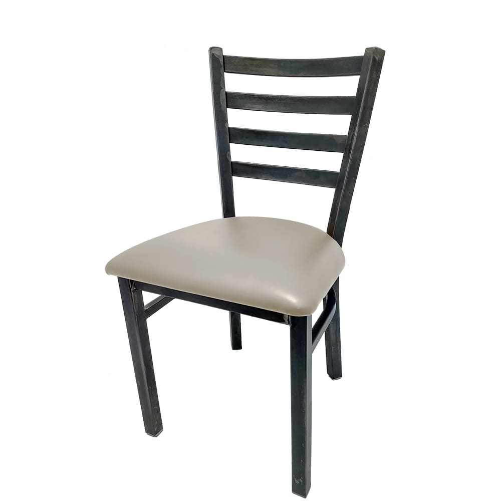 Rustic ladderback metal dining chair with industrial steel frame and dove gray vinyl seat.
