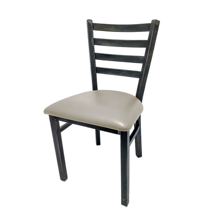 Rustic ladderback metal dining chair with industrial steel frame and dove gray vinyl seat.