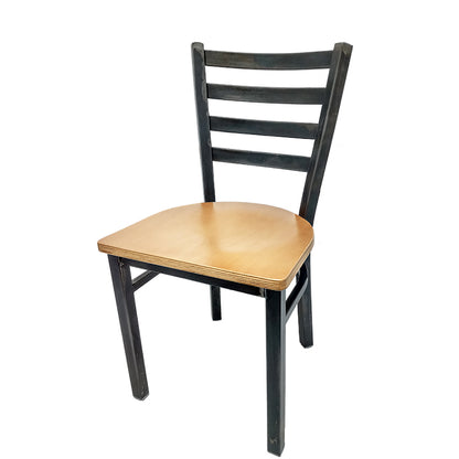 Rustic ladderback metal dining chair with industrial steel frame and clear coat solid wood seat.