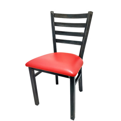 Rustic ladderback metal dining chair with clear coat steel frame and red vinyl seat