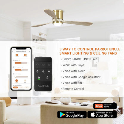 Flush mount smart ceiling fan compatible with Alexa, Google Home, and mobile apps