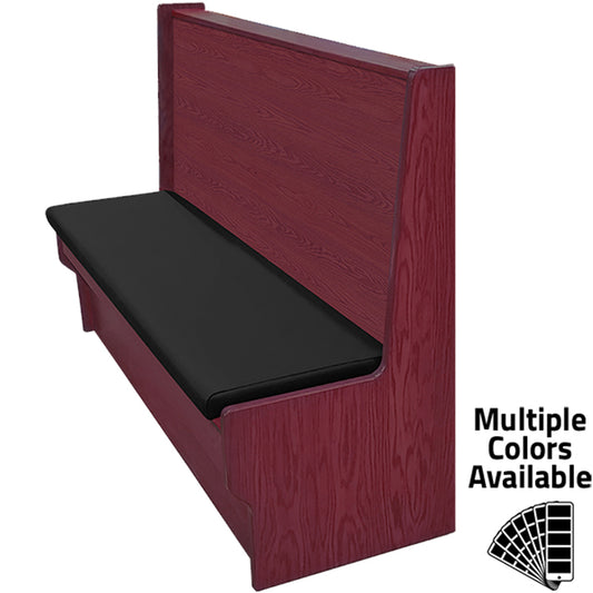 Shepard wood frame restaurant booth with vinyl upholstered seat and solid wood back