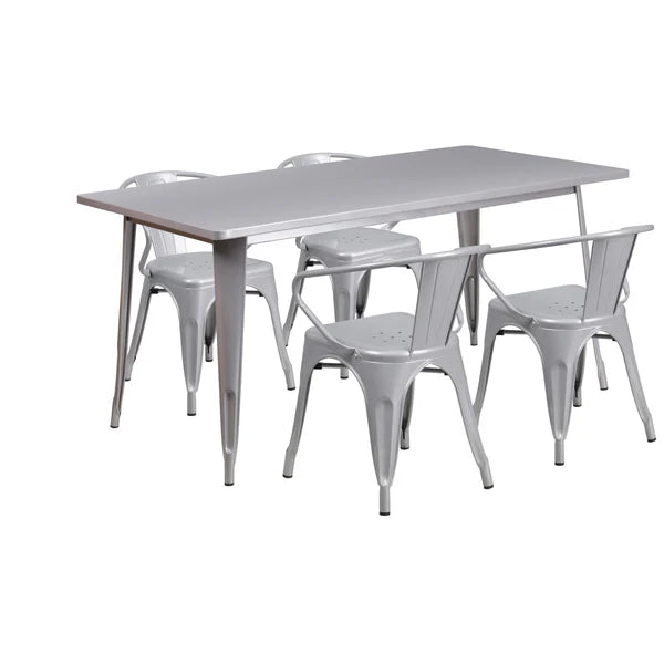 Silver rectangular metal restaurant dining set with four arm chairs for hotels and cafés