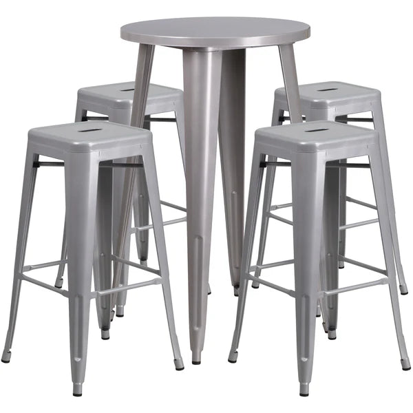 Silver metal bar table set with backless stools for restaurants and cafés