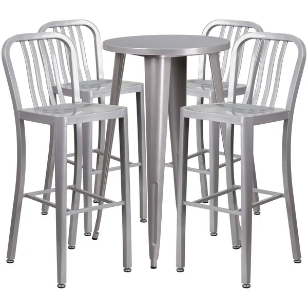 Silver bar-height metal table set with four slat back stools for restaurants and cafés