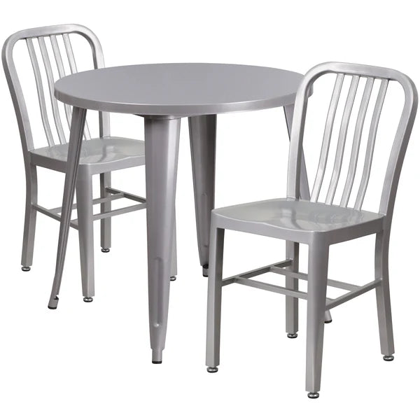 Silver metal dining table set with slat back chairs for restaurants and cafés