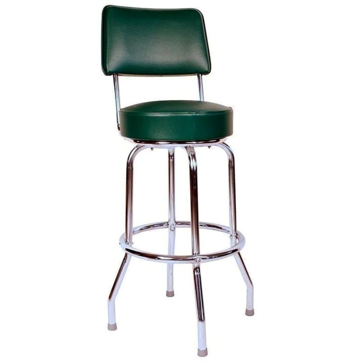 Single-ring bar stool with backrest and green upholstered swivel seat