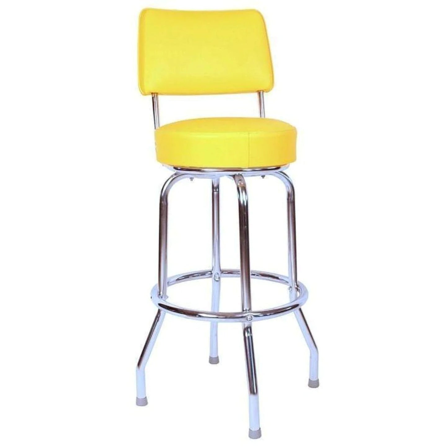 Single-ring bar stool with backrest and yellow upholstered swivel seat