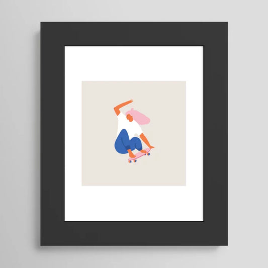 Skateboard Girl art print by Tasiania in a modern black frame, featuring a contemporary urban girl illustration ideal for creative home or café décor