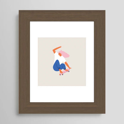 Skateboard Girl art print by Tasiania with a rich walnut wood frame, blending contemporary art with warm natural tones for living rooms or studios