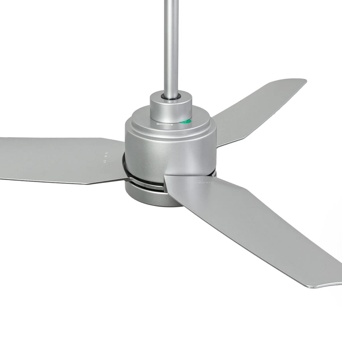 Close-up of a ceiling fan with metallic blades on a white background