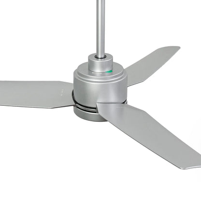 Close-up of a ceiling fan with metallic blades on a white background