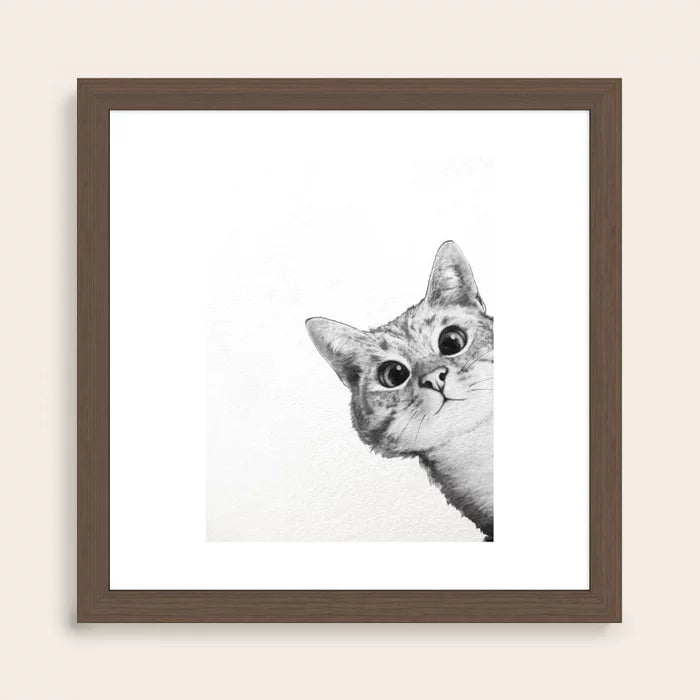 Sneaky cat illustration framed in walnut, cozy and charming décor for cafés, bars, and lodging spaces