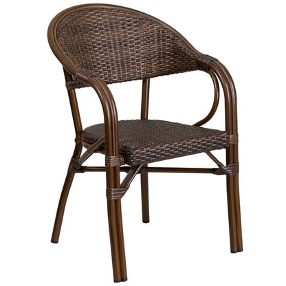 Cocoa bamboo-style café chair with woven rattan seat and arms, lightweight aluminum frame for indoor and outdoor dining.