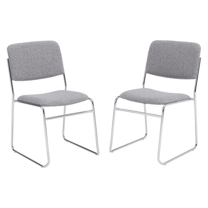 Front view of stackable side chair with gray fabric seat and back on a silver steel frame, designed for indoor commercial seating.