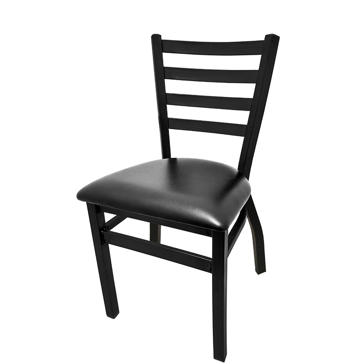 Front view of stackable ladderback metal chair with black powder coat finish and black vinyl seat, durable welded steel frame ideal for restaurant or café seating.