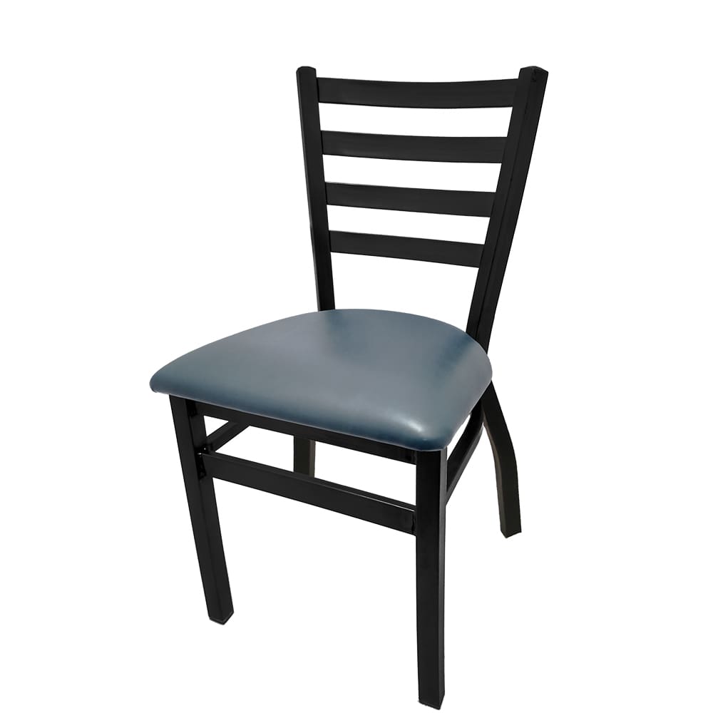 Stackable metal ladderback dining chair with black powder coat frame and blue ridge vinyl seat, modern seating for restaurants, bars, and cafés.
