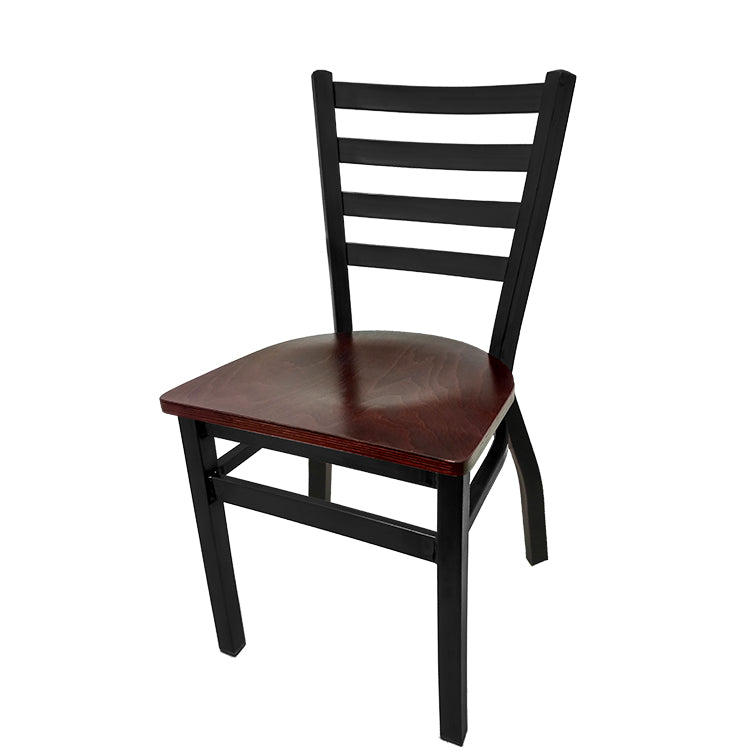 Ladderback restaurant chair with black powder coat frame and mahogany wood seat, commercial-grade construction with non-marring glides.