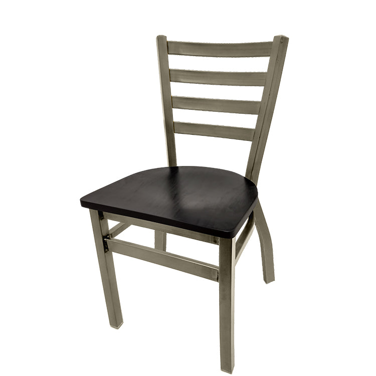 Front view of ladderback metal chair with clear coat brass weld frame and black wood seat, stackable metal restaurant chair.