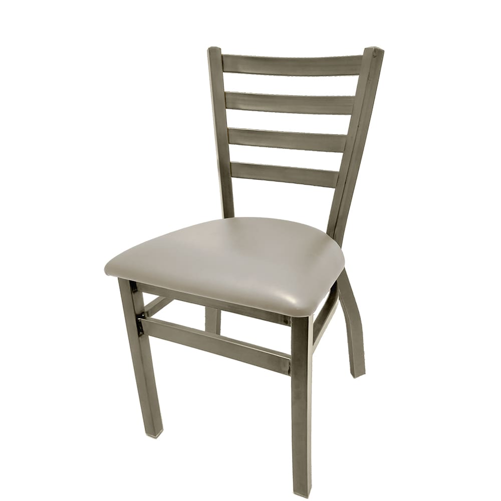 Front view of ladderback metal chair with clear coat steel frame and dove gray vinyl seat, 300 lb capacity commercial dining chair.