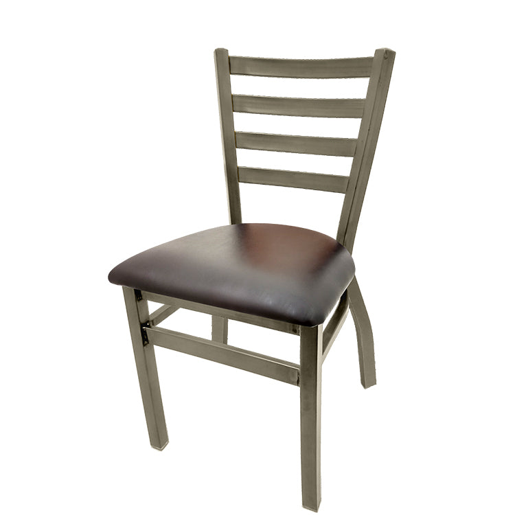 Front view of ladderback metal chair with clear coat brass weld frame and espresso vinyl seat, heavy-duty stackable dining chair.