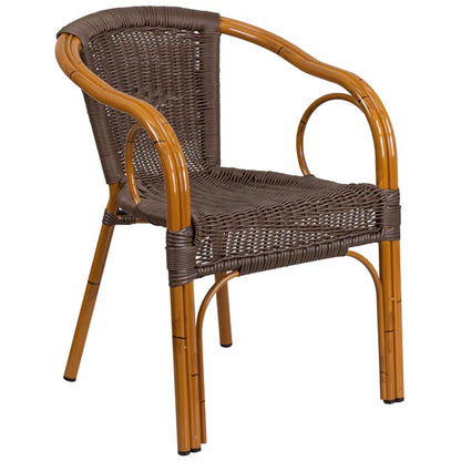 Burning brown rattan chairs arranged around a café table on a patio, ideal for restaurants, bistros, and outdoor dining spaces.